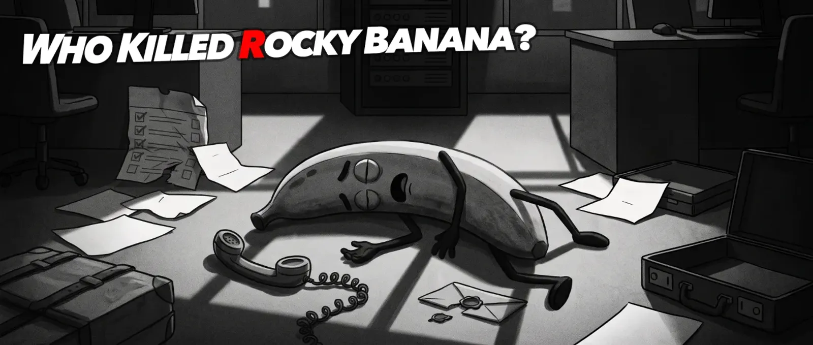 Ilustração de uma cena de crime num escritório, com uma banana caída no chão rodeada de pistas e suspeitos